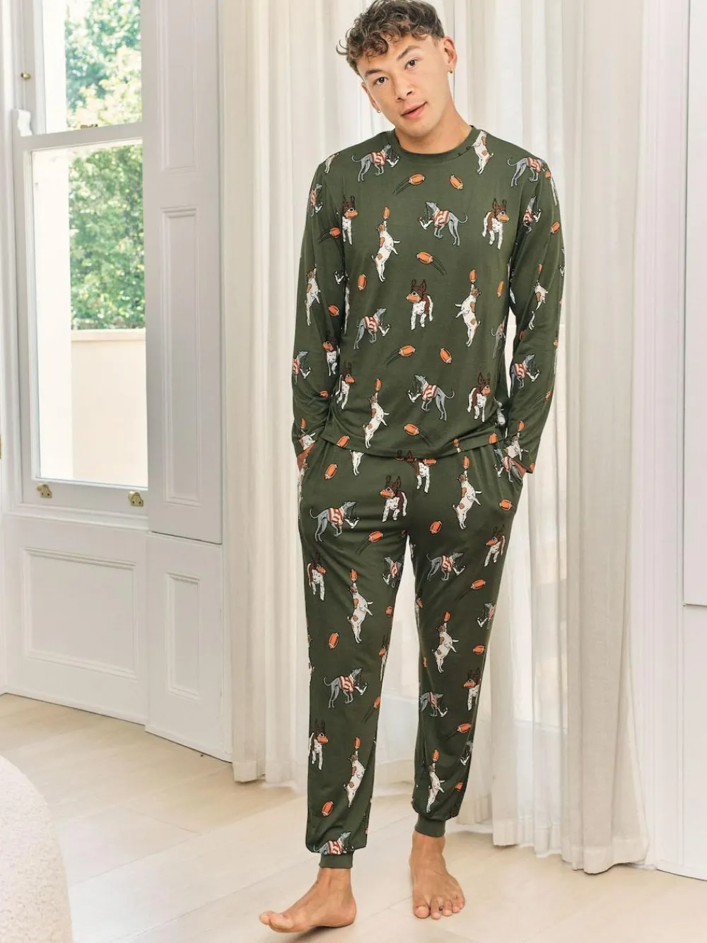 Chelsea Peers Green Rugby Dogs Print Long Pyjamas Set^ Pyjamas
