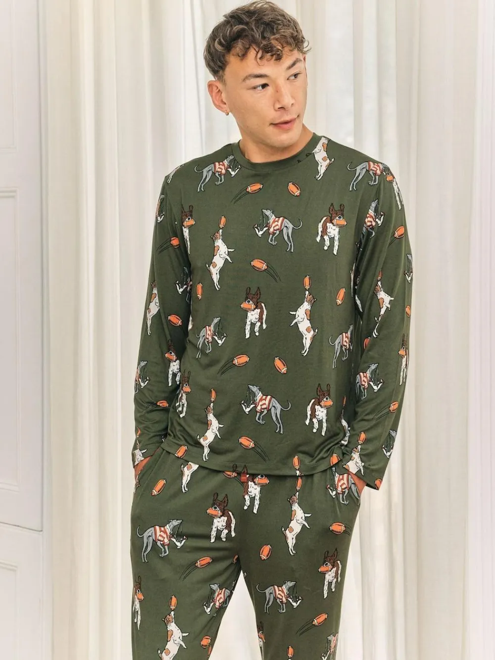 Chelsea Peers Green Rugby Dogs Print Long Pyjamas Set^ Pyjamas