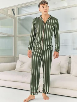 Chelsea Peers Green Stripe Button Up Long Pyjamas Set^ Pyjamas
