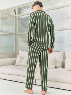 Chelsea Peers Green Stripe Button Up Long Pyjamas Set^ Pyjamas