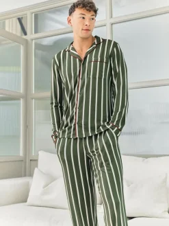Chelsea Peers Green Stripe Button Up Long Pyjamas Set^ Pyjamas