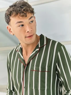 Chelsea Peers Green Stripe Button Up Long Pyjamas Set^ Pyjamas
