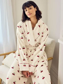 Hot Chelsea Peers Natural Fleece Cherry Print Long Dressing Gown