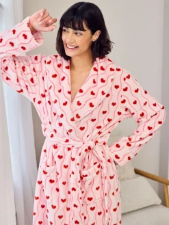 Chelsea Peers Pink Fleece Wavy Stripe Heart Print Long Dressing Gown^Women Bathrobes