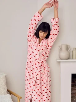 Chelsea Peers Pink Fleece Wavy Stripe Heart Print Long Dressing Gown^Women Bathrobes