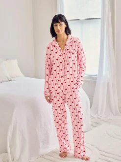 Chelsea Peers Pink Wavy Stripe Heart Print Long Pyjamas Set^Women Pyjamas