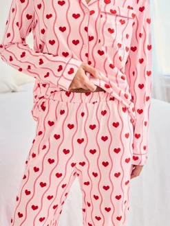 Chelsea Peers Pink Wavy Stripe Heart Print Long Pyjamas Set^Women Pyjamas