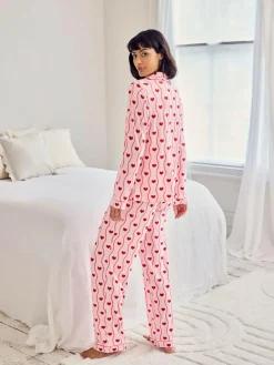 Chelsea Peers Pink Wavy Stripe Heart Print Long Pyjamas Set^Women Pyjamas
