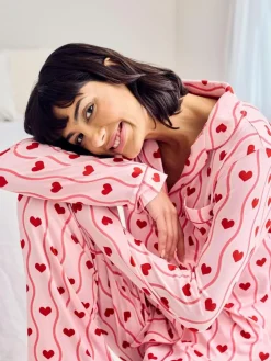 Chelsea Peers Pink Wavy Stripe Heart Print Long Pyjamas Set^Women Pyjamas