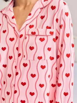 Chelsea Peers Pink Wavy Stripe Heart Print Long Pyjamas Set^Women Pyjamas