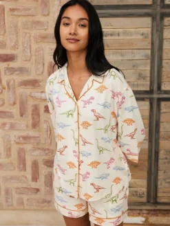Online Chelsea Peers White Short Pyjamas Dinosaur Print Long Pyjama Set