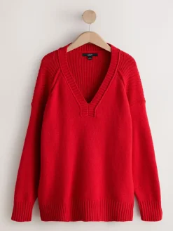 Sale Next Cotton And Wool Blend Longline V-Neck Jumper Cherry Red