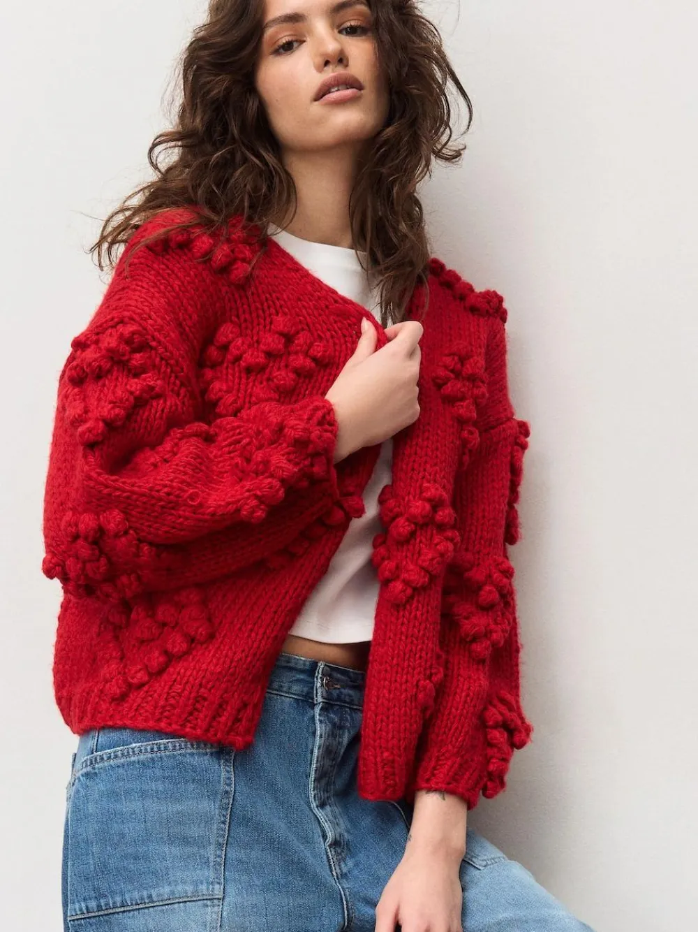 Sale Next Cherry Red Hand Stitch Heart Detail Cardigan
