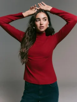 Best Next Cherry Red Ribbed High Neck Long Sleeve T-Shirt