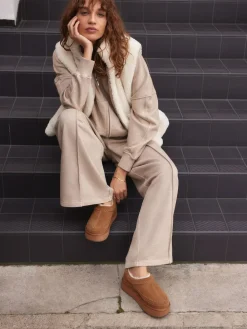 Online Next Chestnut Brown Leather Cosy Borg Lined Slip-On Shoes