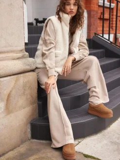 Online Next Chestnut Brown Leather Cosy Borg Lined Slip-On Shoes