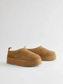 Online Next Chestnut Brown Leather Cosy Borg Lined Slip-On Shoes