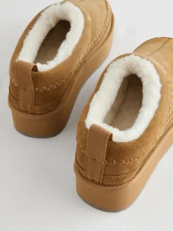 Online Next Chestnut Brown Leather Cosy Borg Lined Slip-On Shoes