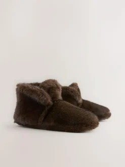Next Chocolate Brown Faux Fur Boot Slippers^Women Slippers