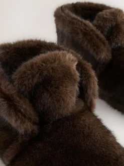 Next Chocolate Brown Faux Fur Boot Slippers^Women Slippers