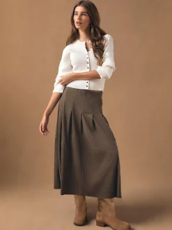 Next Chocolate Brown Faux Suede Midi Kilt Skirt^Women Skirts