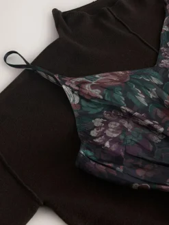 Best Next 2-In-1 Knitted Jumper with Pleated Midi Skirt Chocolate Brown Floral