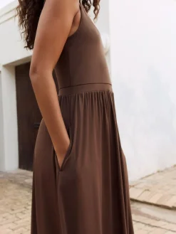 Next Jersey Waisted Summer Dress Chocolate Brown