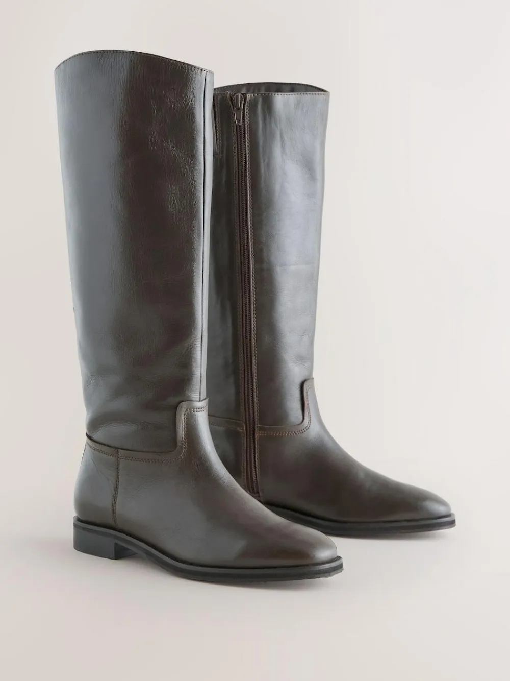 Online Next Standard/Wide Fit Forever Comfort® Flat Riding Boots Chocolate Brown Leather