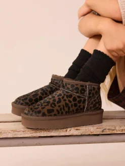Clearance Next Chocolate Brown Leopard Print Standard Fit (F) Flatform Mini Warm Lined Water Repellent Suede Pull-On Boots