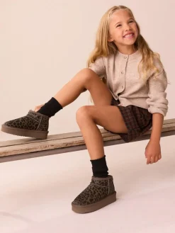 Clearance Next Chocolate Brown Leopard Print Standard Fit (F) Flatform Mini Warm Lined Water Repellent Suede Pull-On Boots