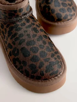 Clearance Next Chocolate Brown Leopard Print Standard Fit (F) Flatform Mini Warm Lined Water Repellent Suede Pull-On Boots