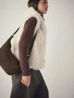 Next Chocolate Brown N. Premium Suede Sling Weave Shoulder Bag^Women Bags