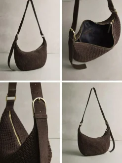 Next Chocolate Brown N. Premium Suede Sling Weave Shoulder Bag^Women Bags