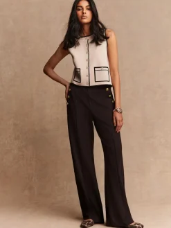 Discount Next Ponte Wide Leg Trousers With Gold Button Detailing Chocolate Brown