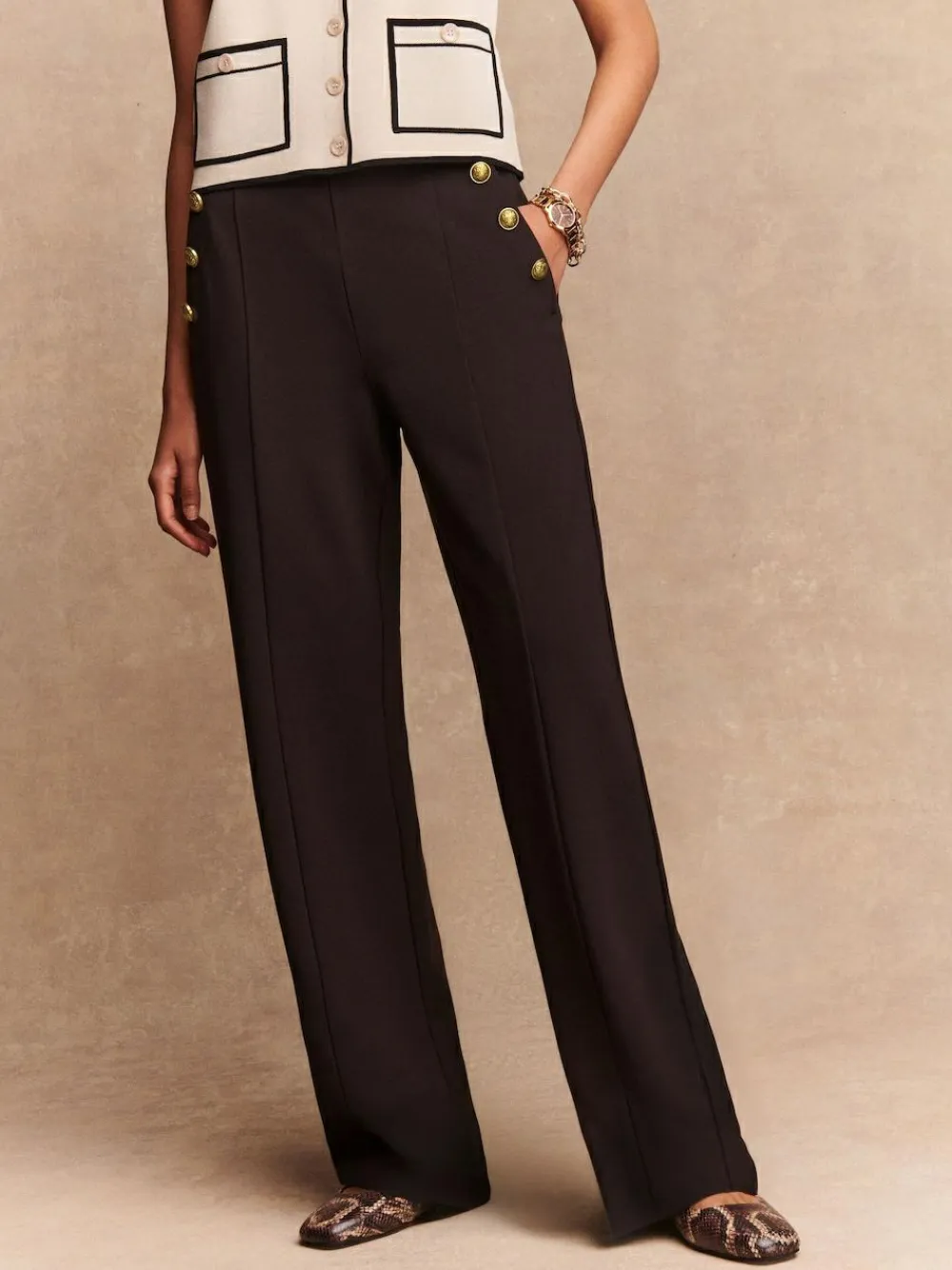 Discount Next Ponte Wide Leg Trousers With Gold Button Detailing Chocolate Brown