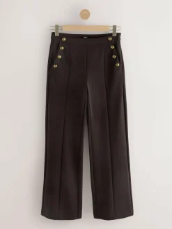 Discount Next Ponte Wide Leg Trousers With Gold Button Detailing Chocolate Brown