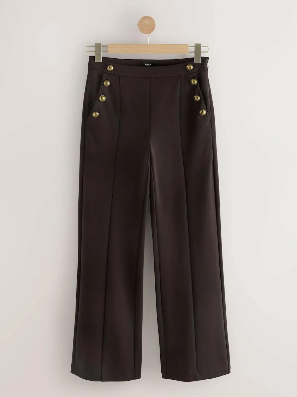 Discount Next Ponte Wide Leg Trousers With Gold Button Detailing Chocolate Brown