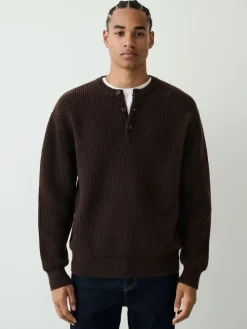 Next Chocolate Brown Relaxed Fit Ribbed Grandad Collar Jumper with Wool^ Knitwear|Knitwear