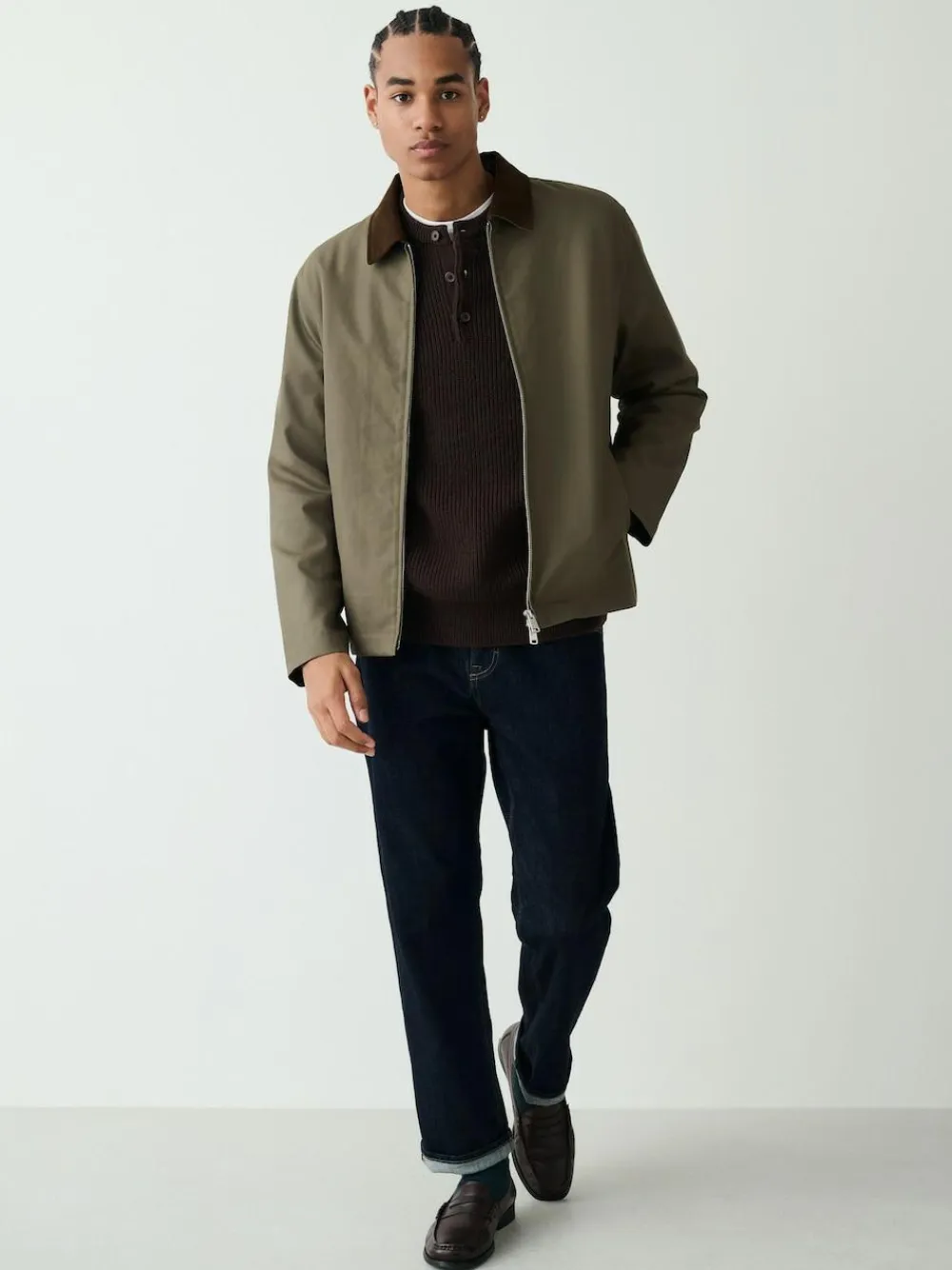 Next Chocolate Brown Relaxed Fit Ribbed Grandad Collar Jumper with Wool^ Knitwear|Knitwear