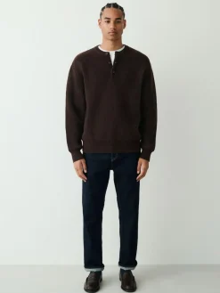 Next Chocolate Brown Relaxed Fit Ribbed Grandad Collar Jumper with Wool^ Knitwear|Knitwear
