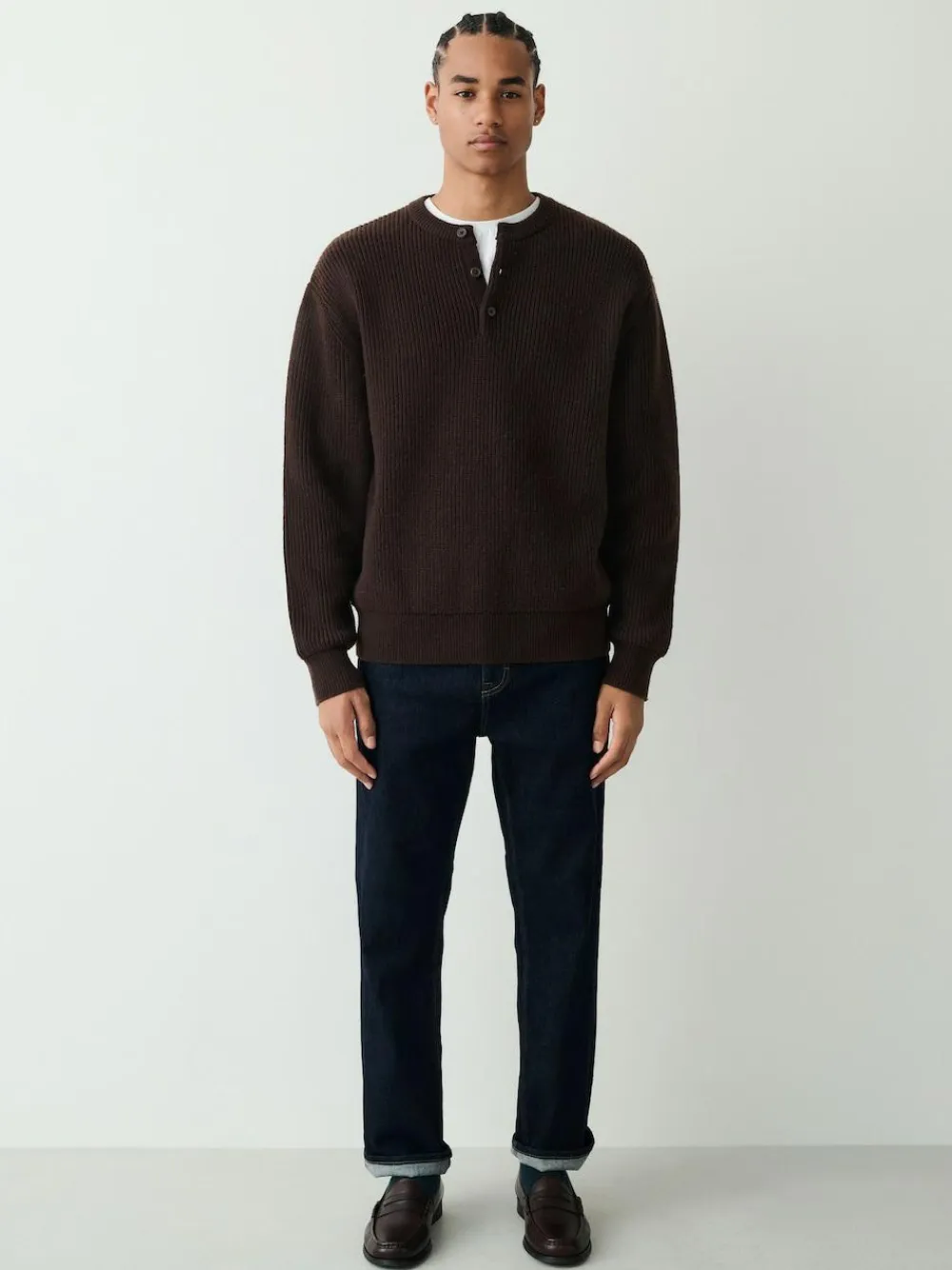 Next Chocolate Brown Relaxed Fit Ribbed Grandad Collar Jumper with Wool^ Knitwear|Knitwear
