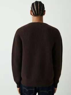 Next Chocolate Brown Relaxed Fit Ribbed Grandad Collar Jumper with Wool^ Knitwear|Knitwear