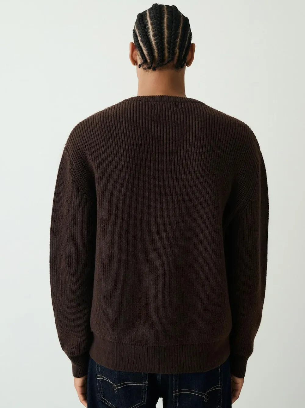 Next Chocolate Brown Relaxed Fit Ribbed Grandad Collar Jumper with Wool^ Knitwear|Knitwear