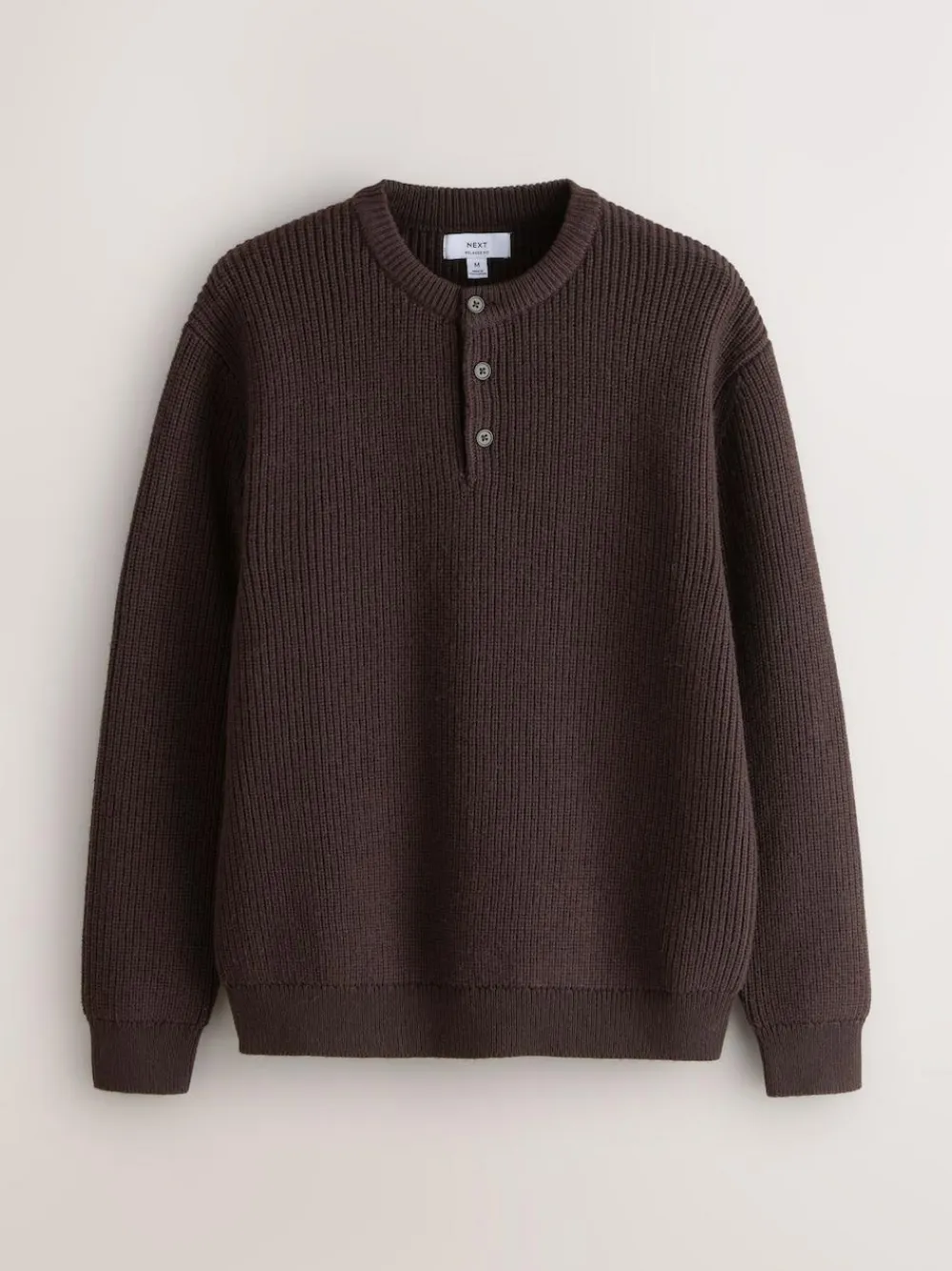 Next Chocolate Brown Relaxed Fit Ribbed Grandad Collar Jumper with Wool^ Knitwear|Knitwear