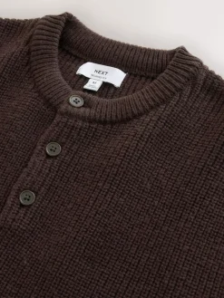 Next Chocolate Brown Relaxed Fit Ribbed Grandad Collar Jumper with Wool^ Knitwear|Knitwear