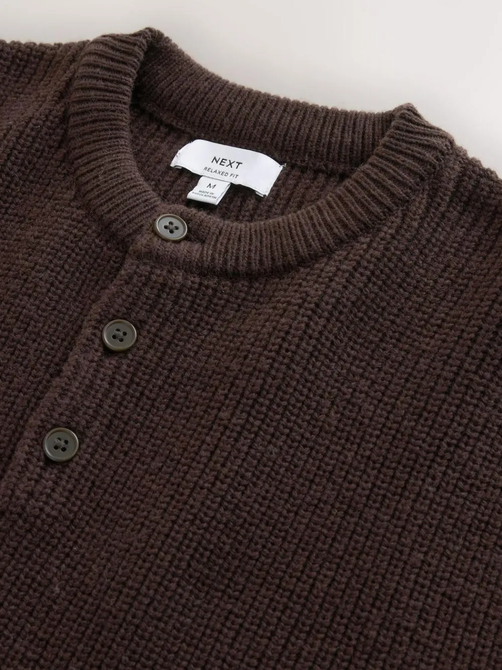 Next Chocolate Brown Relaxed Fit Ribbed Grandad Collar Jumper with Wool^ Knitwear|Knitwear