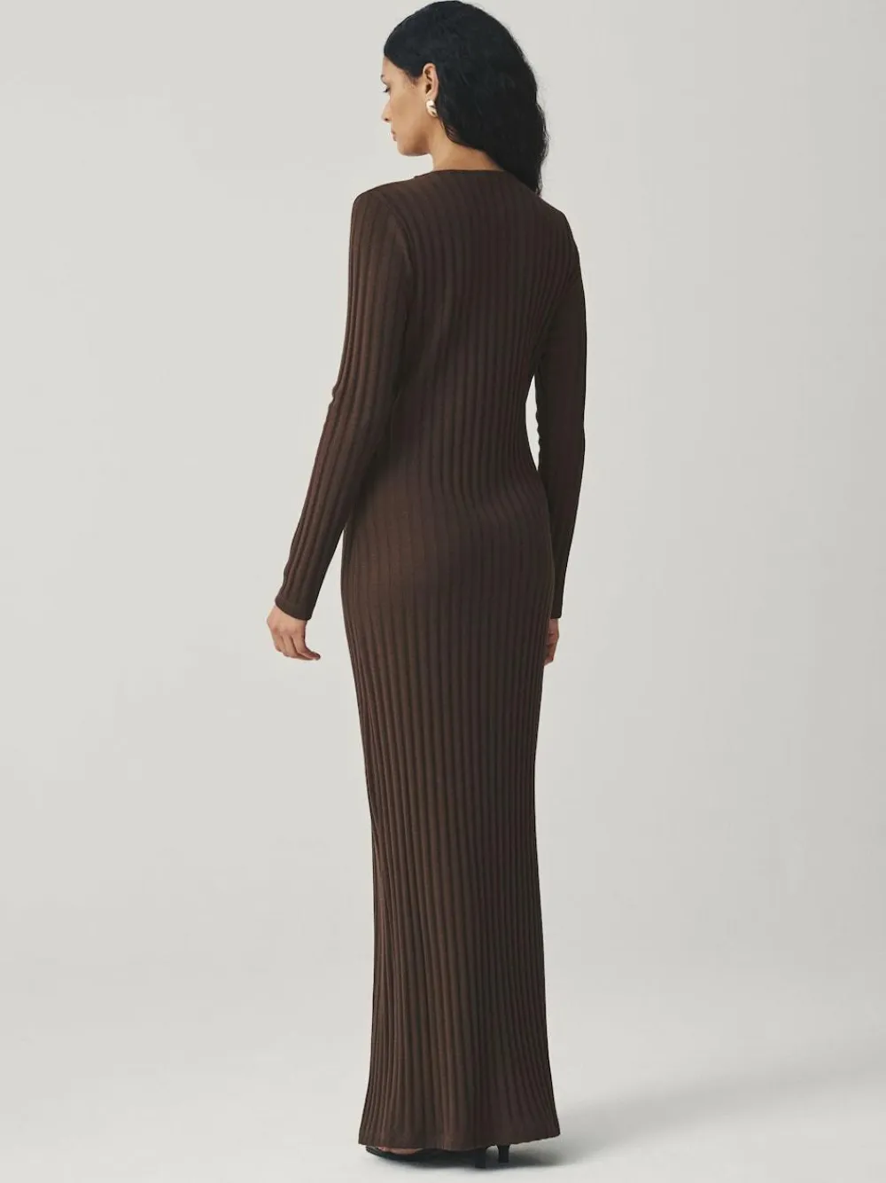 Hot Next Ribbed Long Sleeve Button Down Midi Dress Chocolate Brown