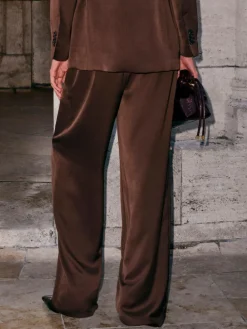 Next Chocolate Brown Satin Elastic Back Wide Leg Trousers^Women Pants
