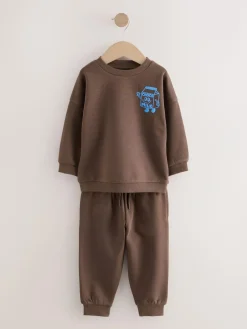 Online Next Single Printed Crew Neck Sweat Top & Joggers Set (3mths-7yrs) Chocolate Brown
