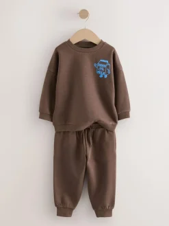 Online Next Single Printed Crew Neck Sweat Top & Joggers Set (3mths-7yrs) Chocolate Brown